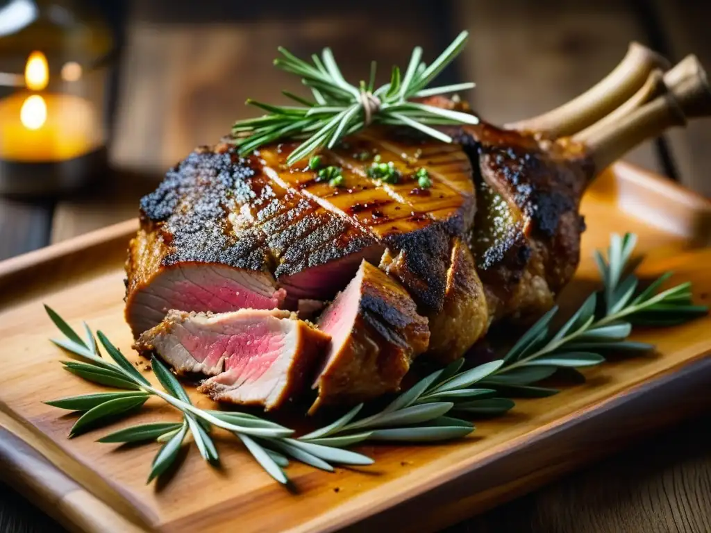 Una suculenta pierna de cordero patagónico asado, con hierbas tradicionales, en plato rústico