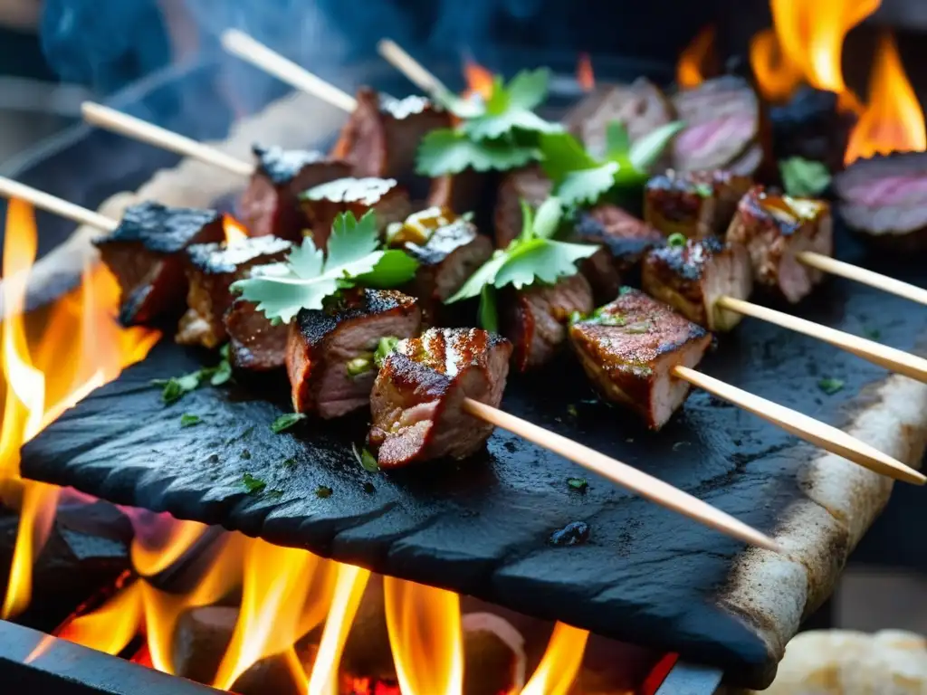 Suculentas brochetas de cordero asándose sobre fuego en mercado del Califato Abásida