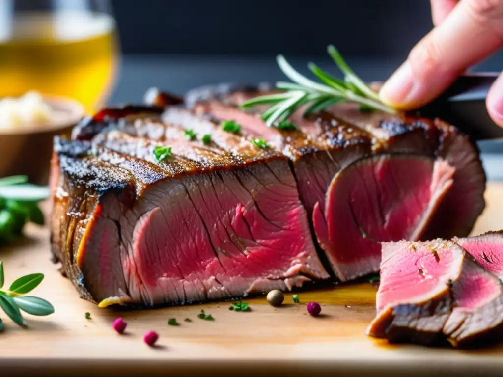 Sabrosa carne sous vide: Corte revelador de ternura y sabor Un suculento bistec sous vide, jugoso y perfectamente cocido, revela la precisión de esta técnica culinaria