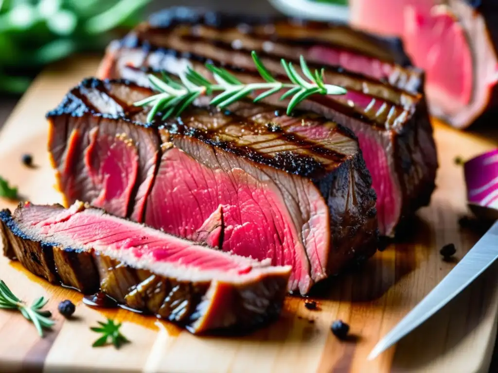 Sabroso bistec sous vide con jugosidad y coloración perfecta Un suculento filete cocido a la perfección al sous vide, con jugosos jugos y color rosa uniforme