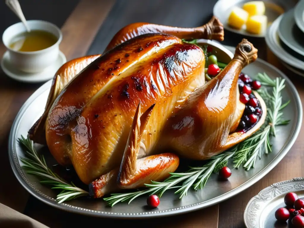 Un suculento pavo dorado perfectamente cocinado, adornado con romero y arándanos, sobre una bandeja plateada antigua