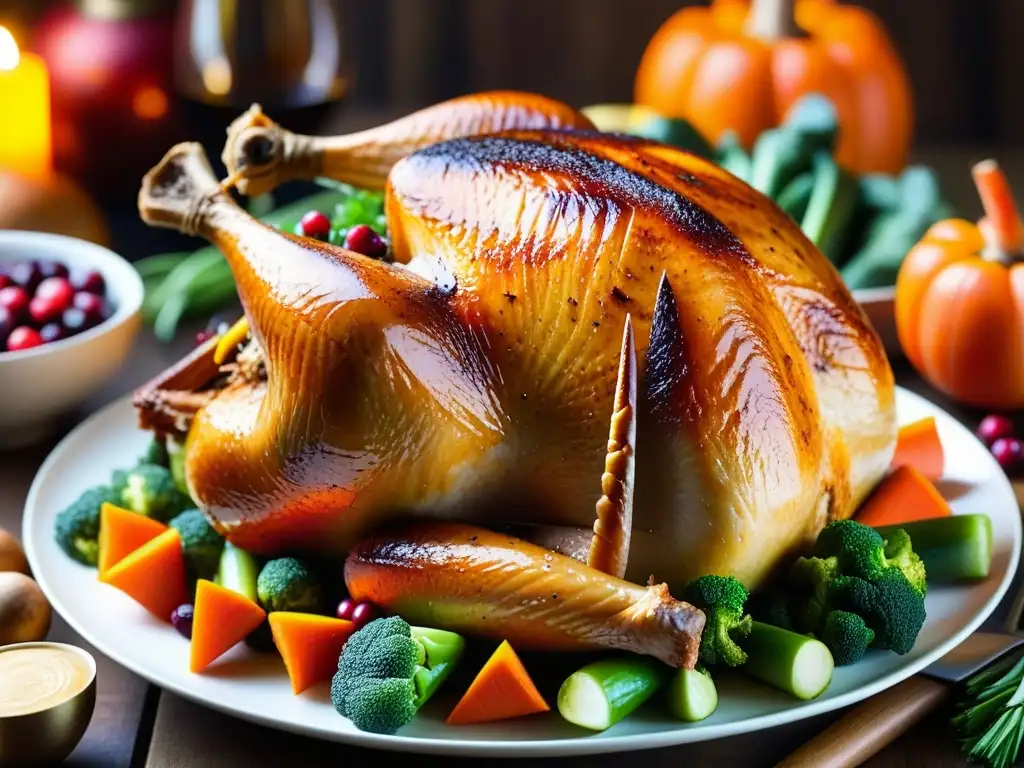 Un suculento pavo dorado rodeado de vegetales otoñales en una mesa festiva