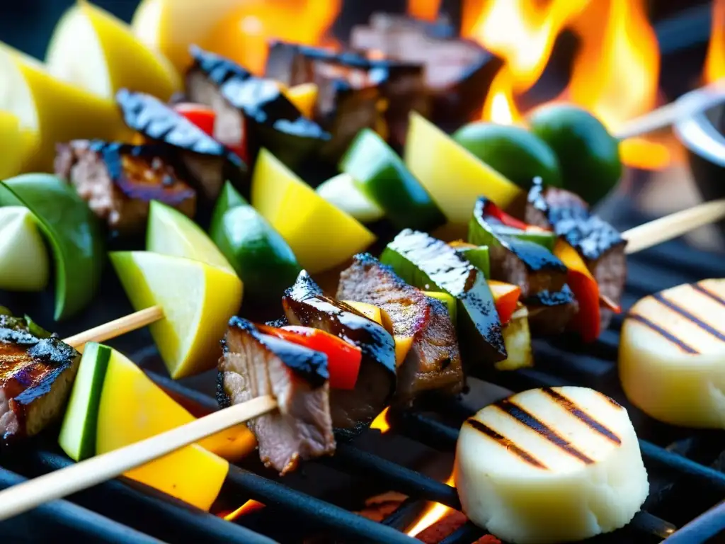 Suculentos kebabs asados con vegetales en un mercado del Medio Oriente