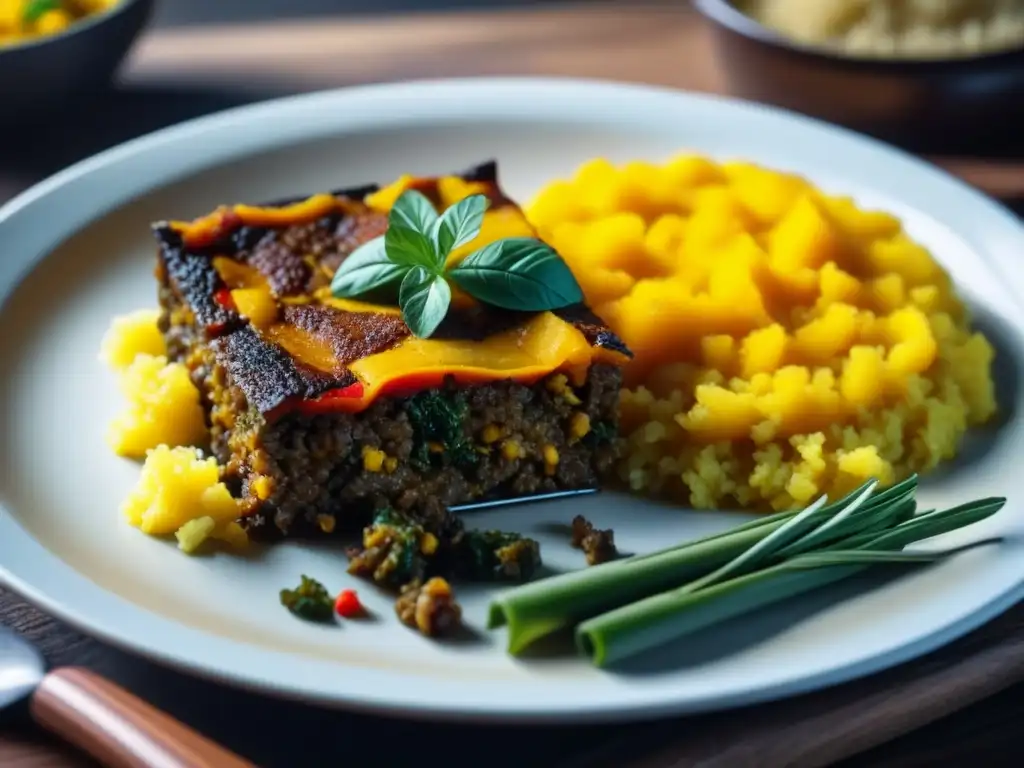 Bobotie sudafricano postApartheid: plato colorido de carne, arroz amarillo y chutney en mesa rústica