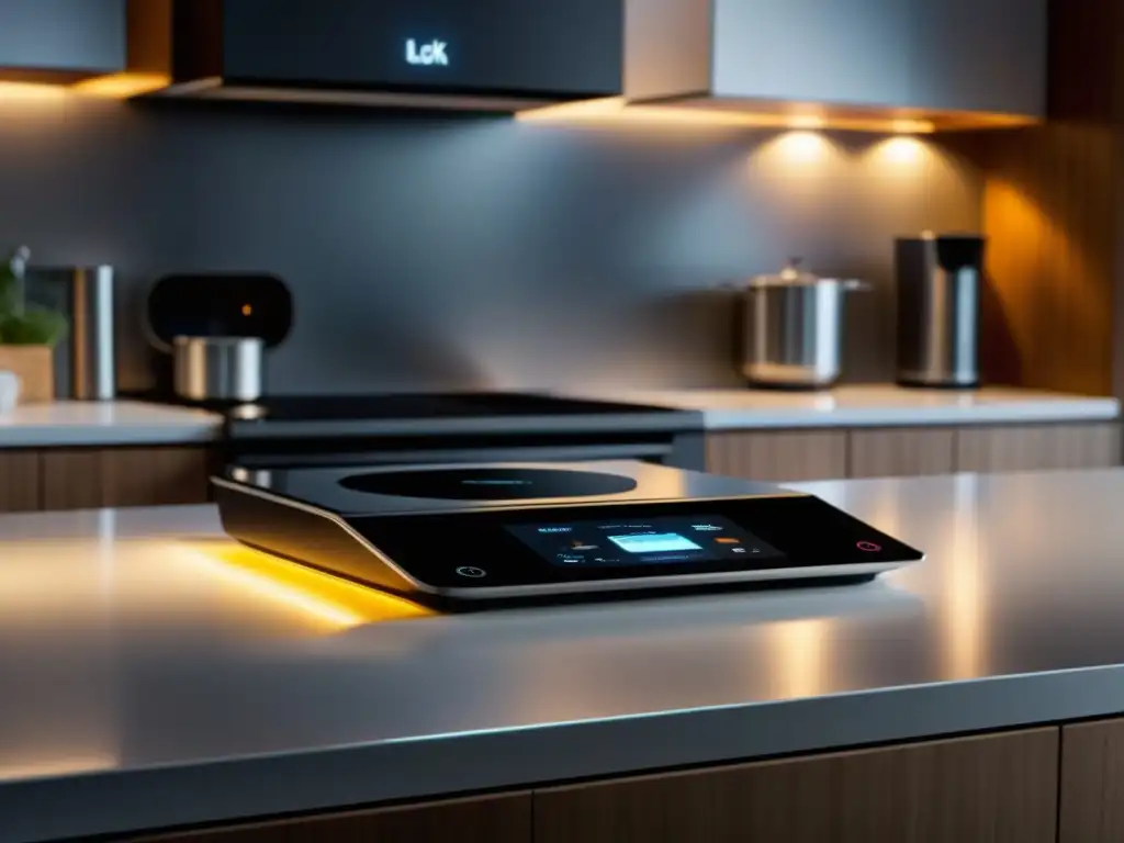Smart kitchen futurista: gadgets de vanguardia en alta resolución Sumérgete en la historia culinaria de una cocina inteligente llena de gadgets de vanguardia