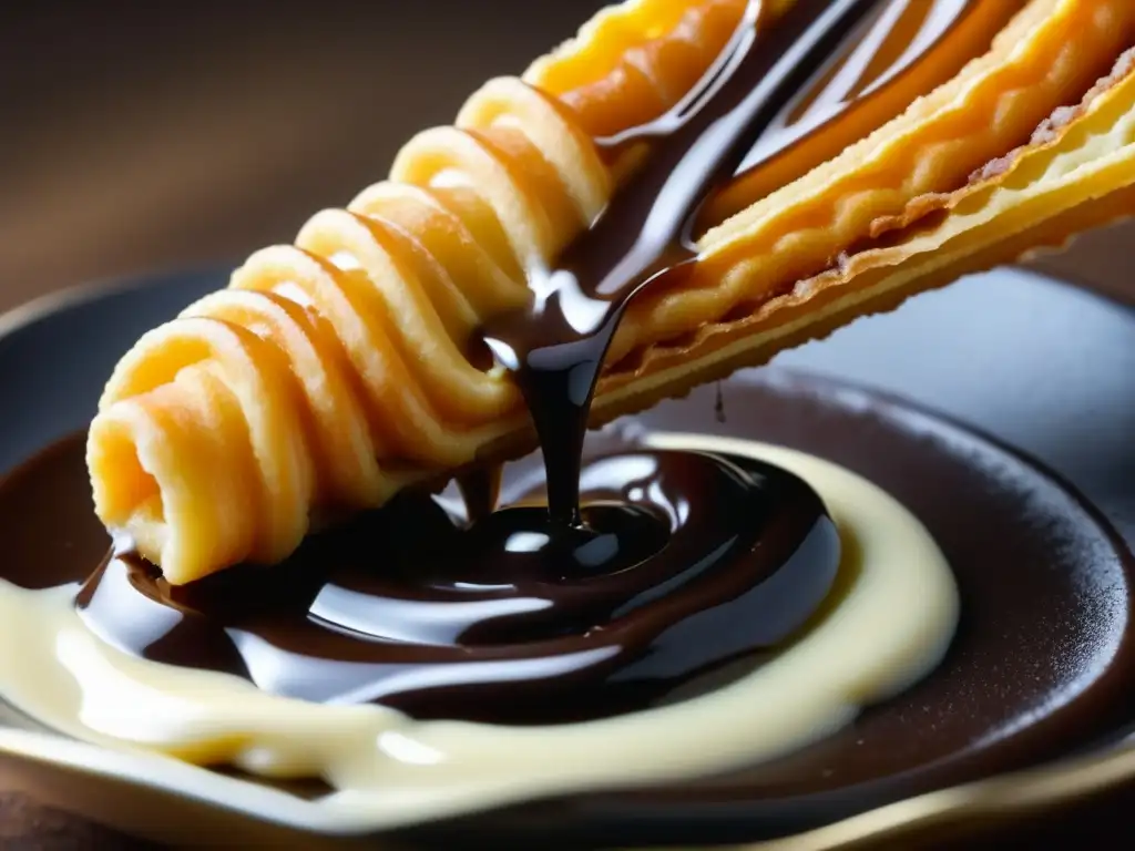 Sumérgete en la influencia del chocolate en la repostería española con este churro bañado en chocolate oscuro