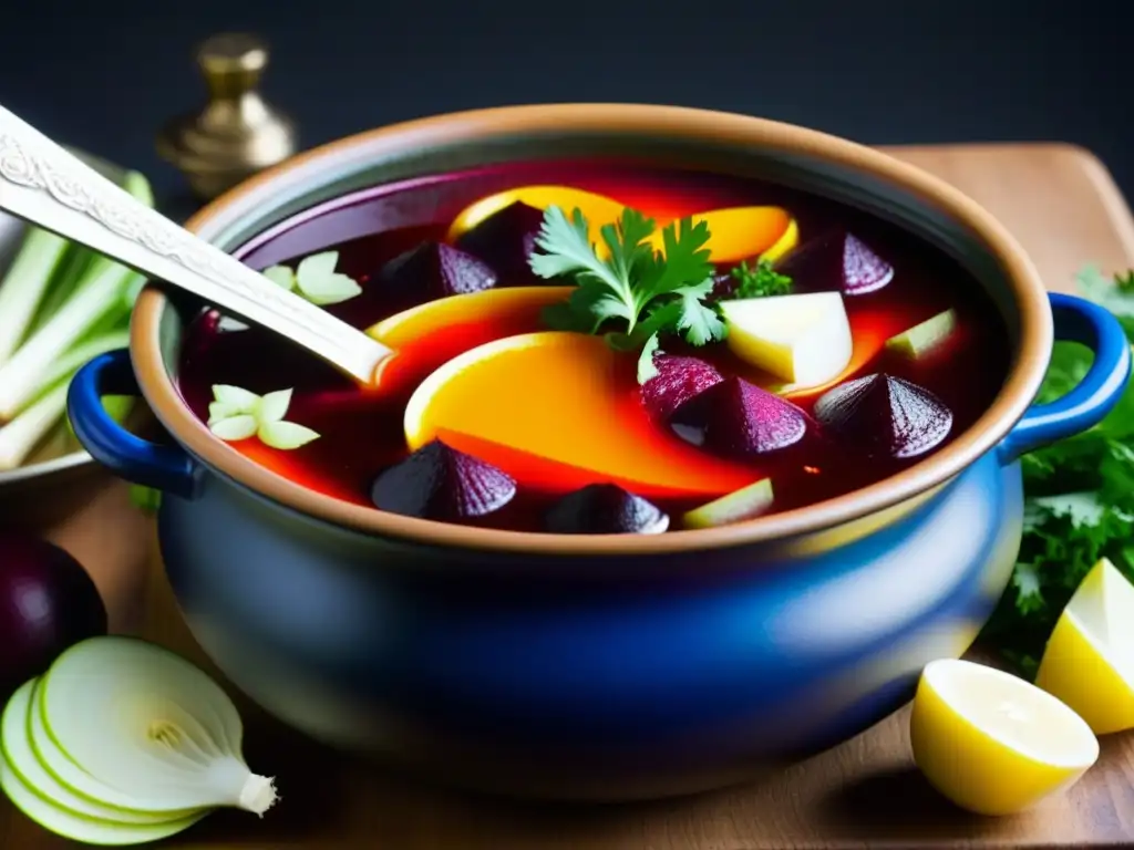 Sumérgete en la riqueza culinaria de la sopa Borsch con ingredientes vibrantes y el origen ruso en la mesa de los Zares