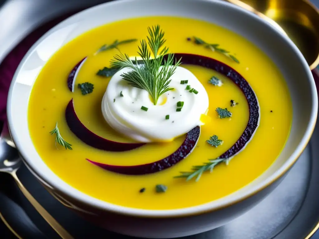 Una suntuosa sopa borsch dorada, con crema agria, eneldo fresco y pimienta negra