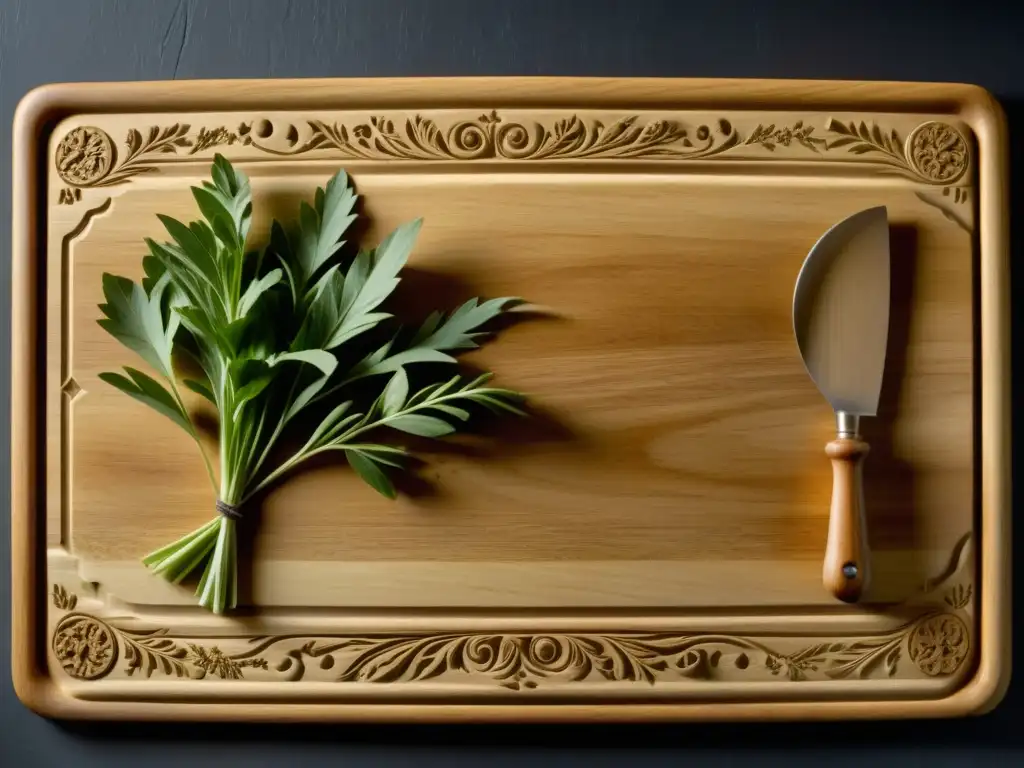 Una tabla de cortar de madera desgastada con tallados de utensilios históricos para cocinar, restos de harina y hierbas