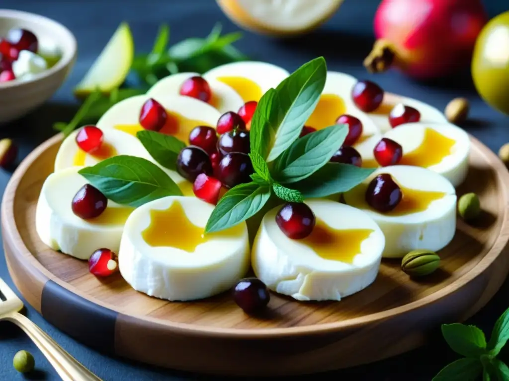 Una tabla de madera repleta de quesos de Medio Oriente como labneh, feta y halloumi, decorados con granada y menta fresca