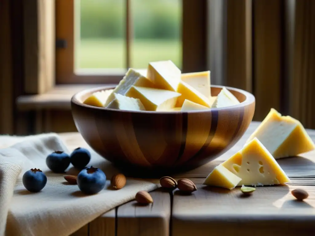 Deléitate con una tabla de queso vikingo rodeada de frutos y nueces, en un entorno rústico