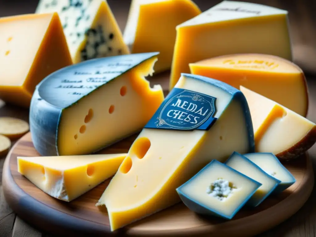 Tablero de quesos de la Edad Media con cheddar, gouda y roquefort etiquetados artesanalmente en madera rústica