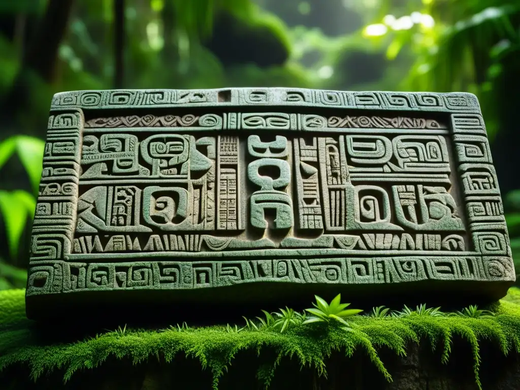 Tableta maya tallada con jeroglíficos, musgo verde y luz filtrada en la selva