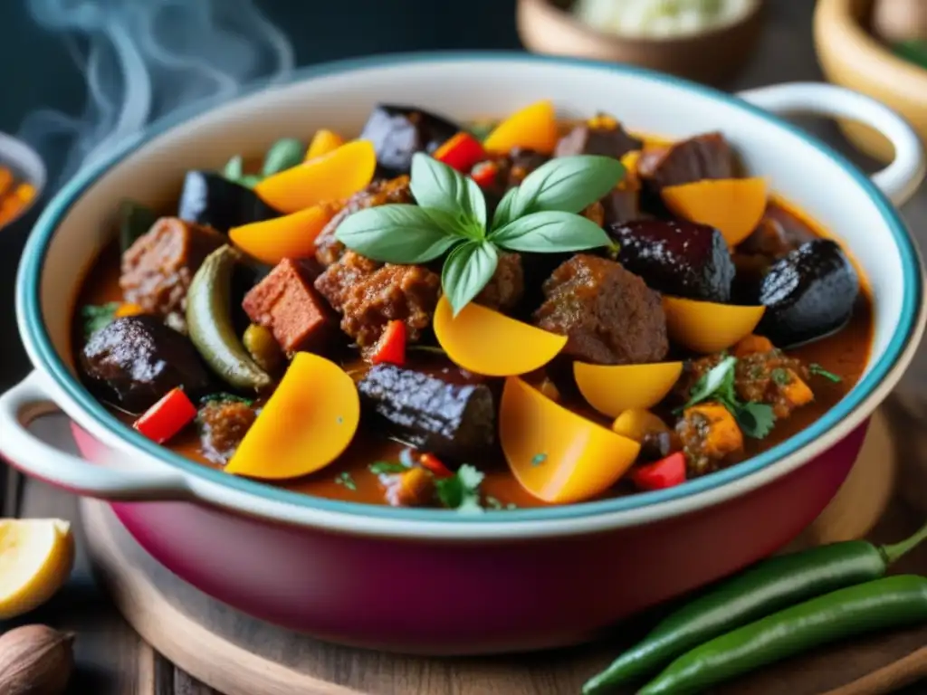 Un tagine africano rebosante de estofado aromático, rodeado de ingredientes tradicionales en una mesa rústica