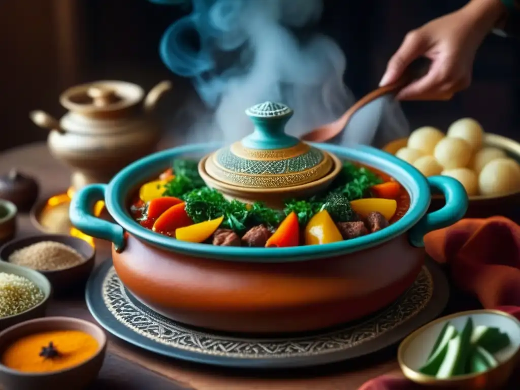 Delicioso Tajín Marroquí: Capas de Sabores y Colores Una tagine burbujeante con capas de verduras coloridas, carne tierna y especias aromáticas, cocinando lentamente en una olla de barro marroquí