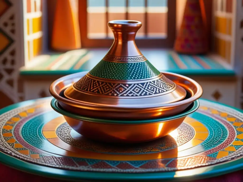 Un tagine de cobre artesanal sobre mesa andalusí, con especias coloridas