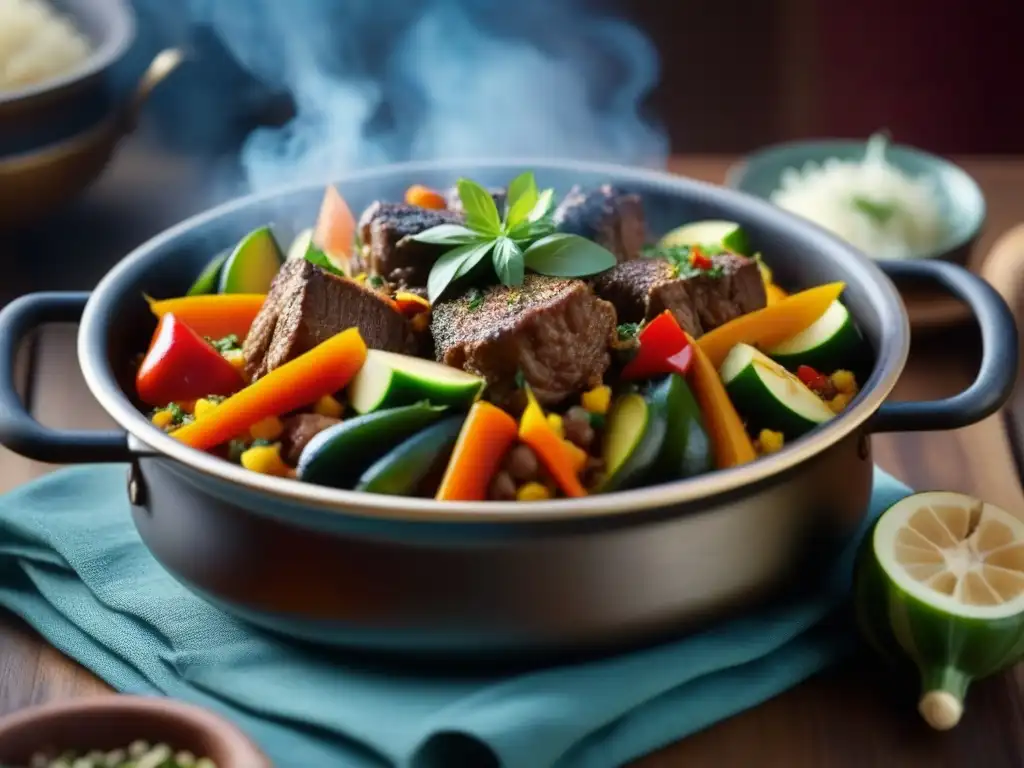 Un tagine humeante con influencia árabe en la cocina saheliana, repleto de cordero y vegetales coloridos