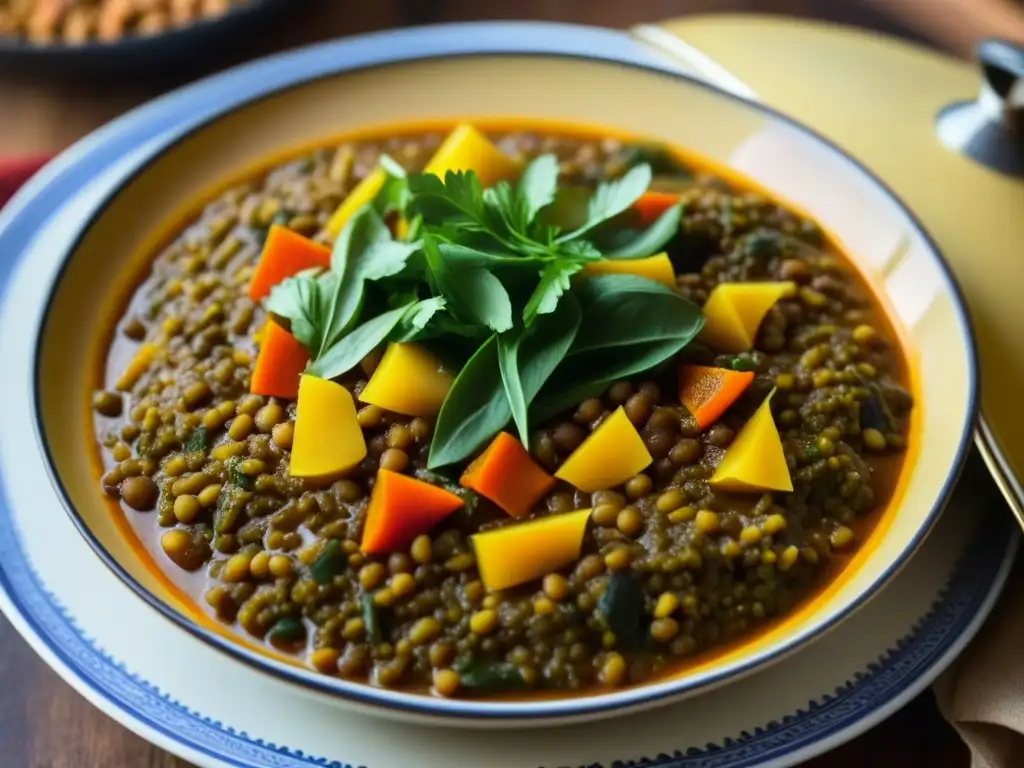 Un tagine Magreb de lentejas vibrantes y aromáticas, muestra una receta histórica llena de color y sabor