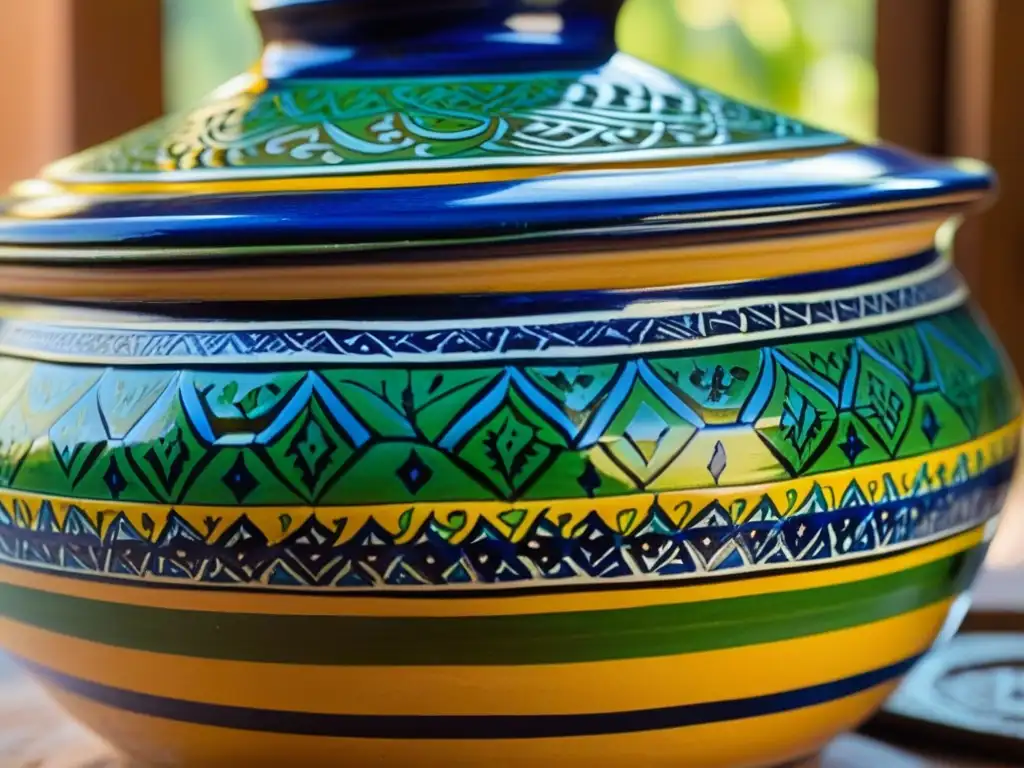 Un tagine marroquí con diseños intrincados en azules, verdes y amarillos, bañado por la luz del sol