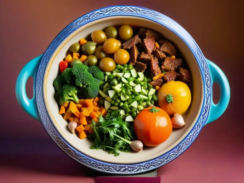 Un tagine marroquí lleno de coloridos ingredientes, reflejo de la influencia árabe en la cocina mediterránea