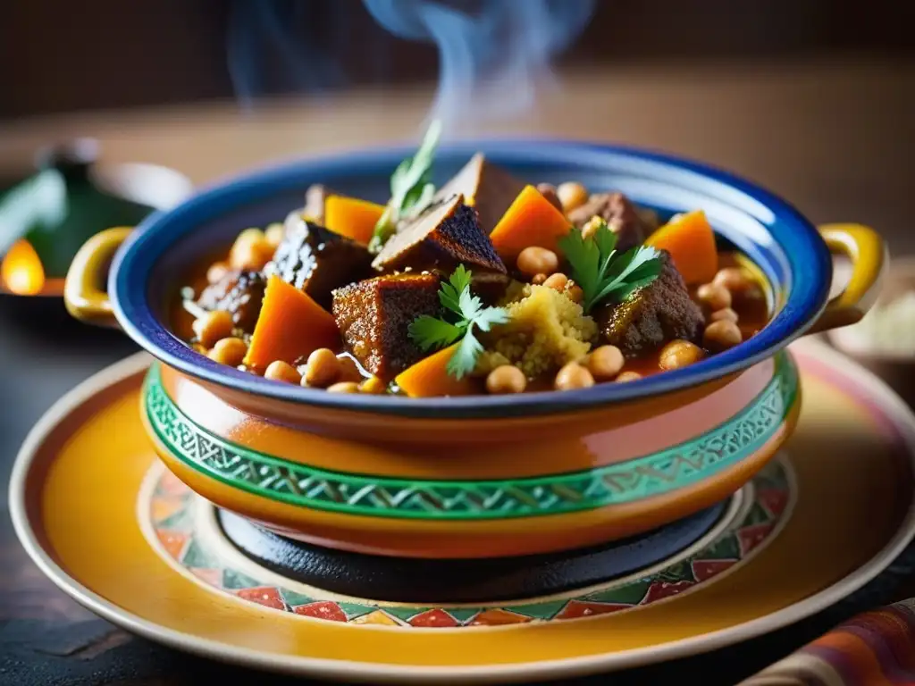 Un tagine marroquí tradicional burbujeante con colores y patrones vibrantes, revelando ingredientes de cordero, couscous y verduras, en una representación detallada de la cocina magrebí