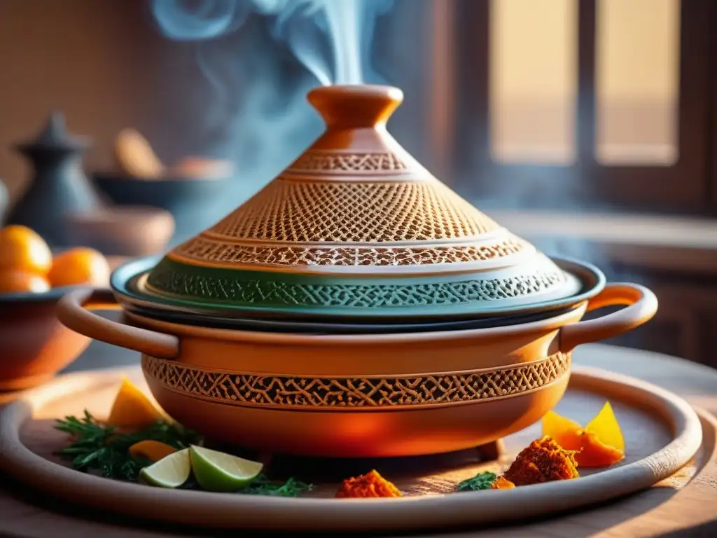 Un tagine marroquí tradicional en detalle, lleno de sabores y aromas, reflejando la influencia otomana en la cocina magrebí