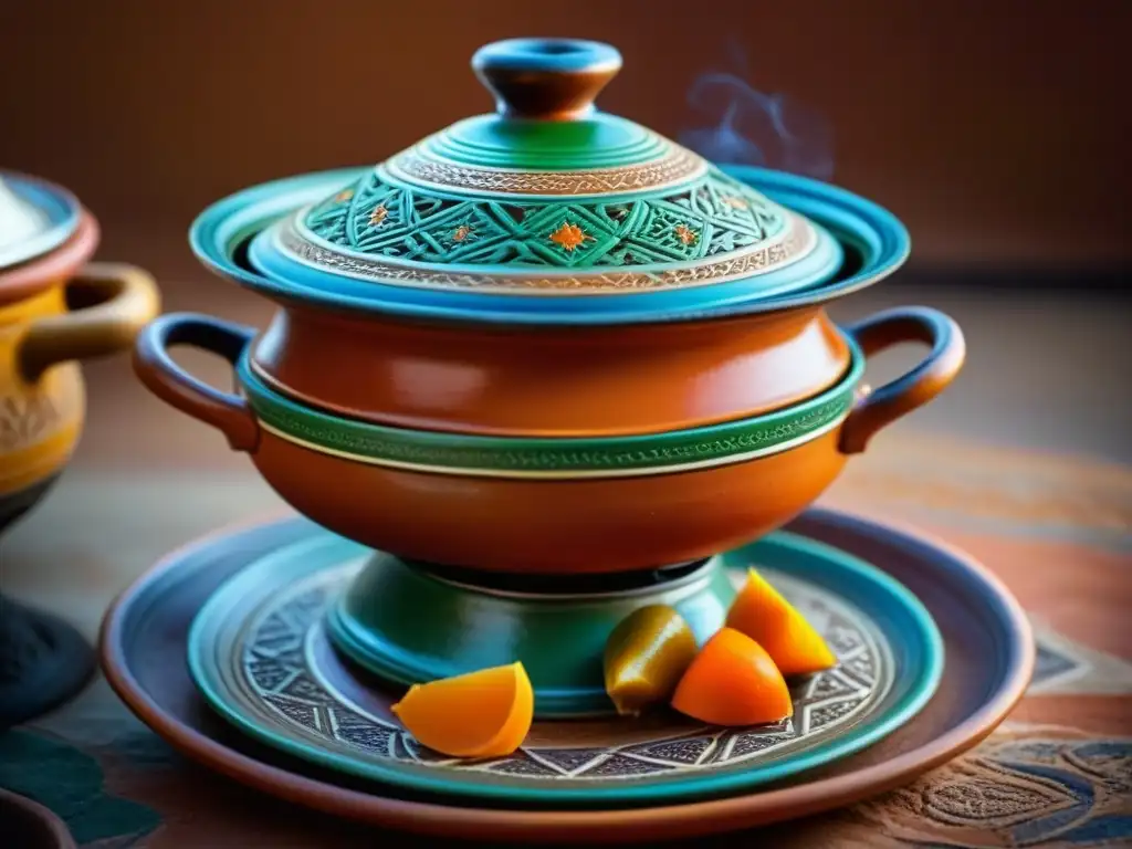 Un tagine marroquí tradicional, con diseños intrincados y colores vibrantes, muestra la influencia árabe en cocina