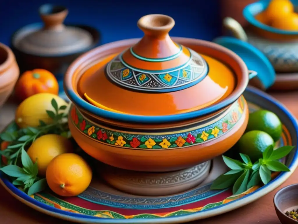 Un tagine marroquí tradicional cocinando a fuego lento, rodeado de ingredientes frescos en Marrakech