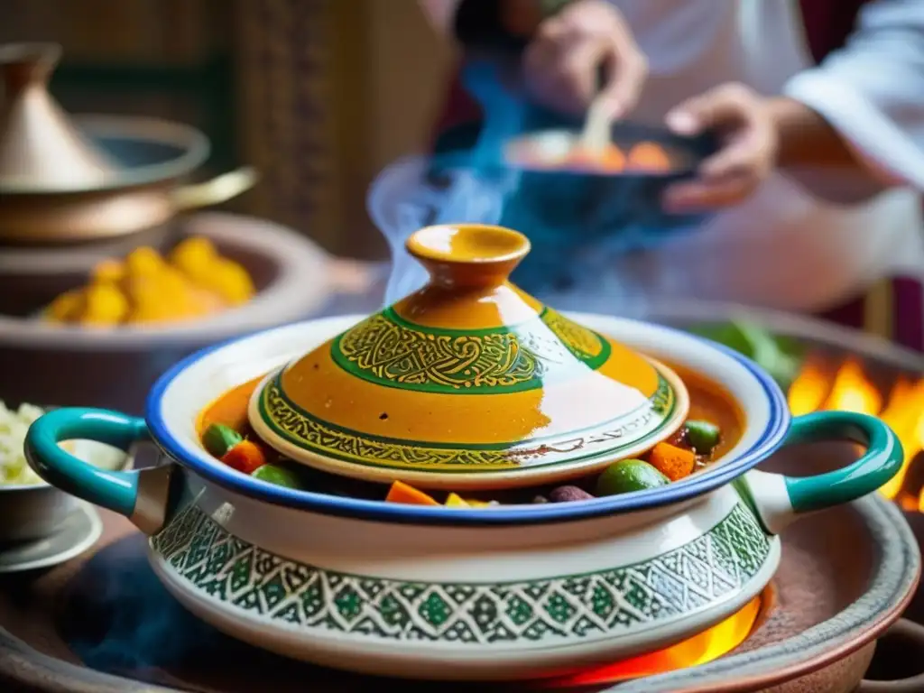 Un tagine marroquí tradicional cocinando a fuego lento, mostrando colores vibrantes y patrones intrincados en un ambiente culinario real en Marrakech