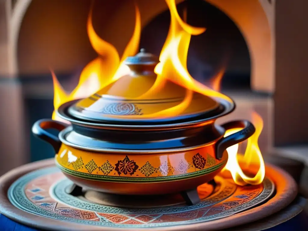 Un tagine marroquí tradicional cocinando a fuego lento, desprendiendo aromas de especias vibrantes como azafrán, comino y canela