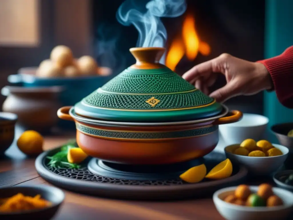 Un tagine marroquí tradicional con influencia otomana y sabores magrebíes, colores y texturas vibrantes