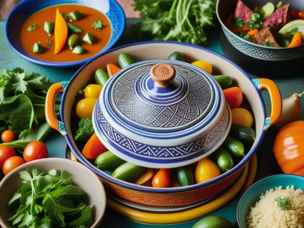 Un tagine marroquí tradicional con ingredientes frescos y coloridos, reflejando la influencia culinaria árabe en una mesa contemporánea