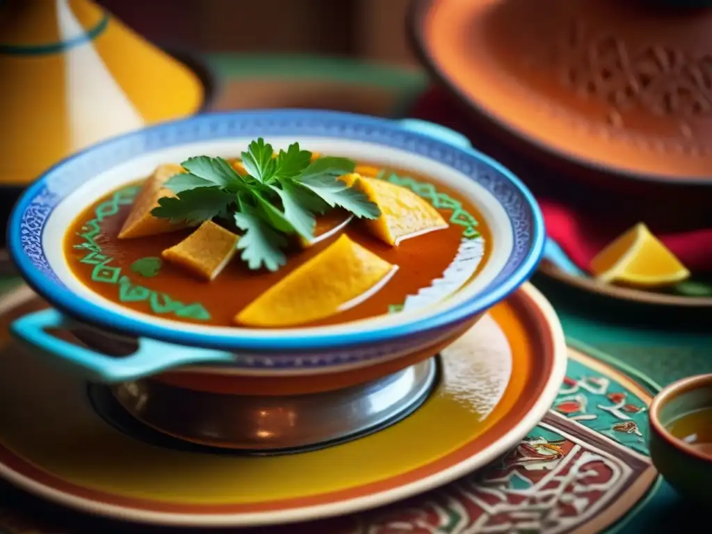 Un tagine marroquí tradicional, con patrones vibrantes y colores intensos, cocinando a fuego lento