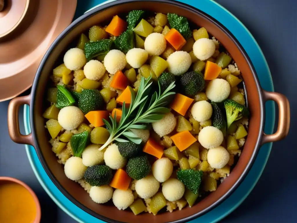 Una tagine marroquí tradicional repleta de cuscús, verduras, pasas y cordero, iluminada suavemente