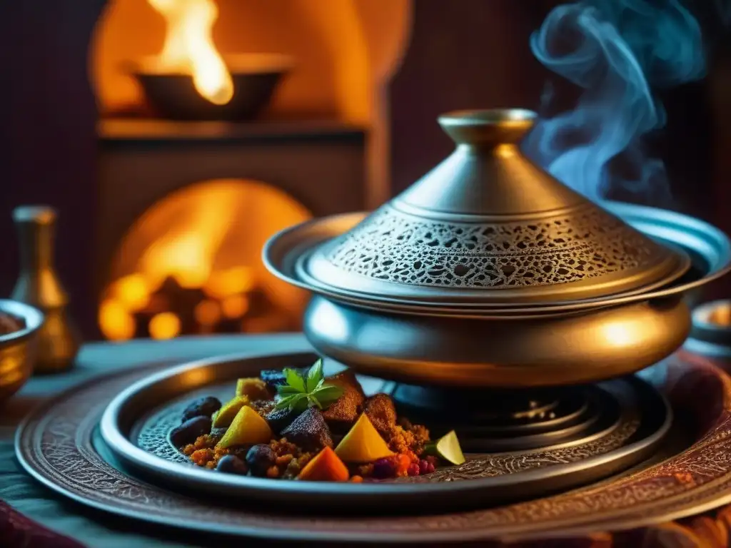 Un tagine marroquí tradicional en el fogón, con sabores coloniales de la cocina Magreb envueltos en una atmósfera mística