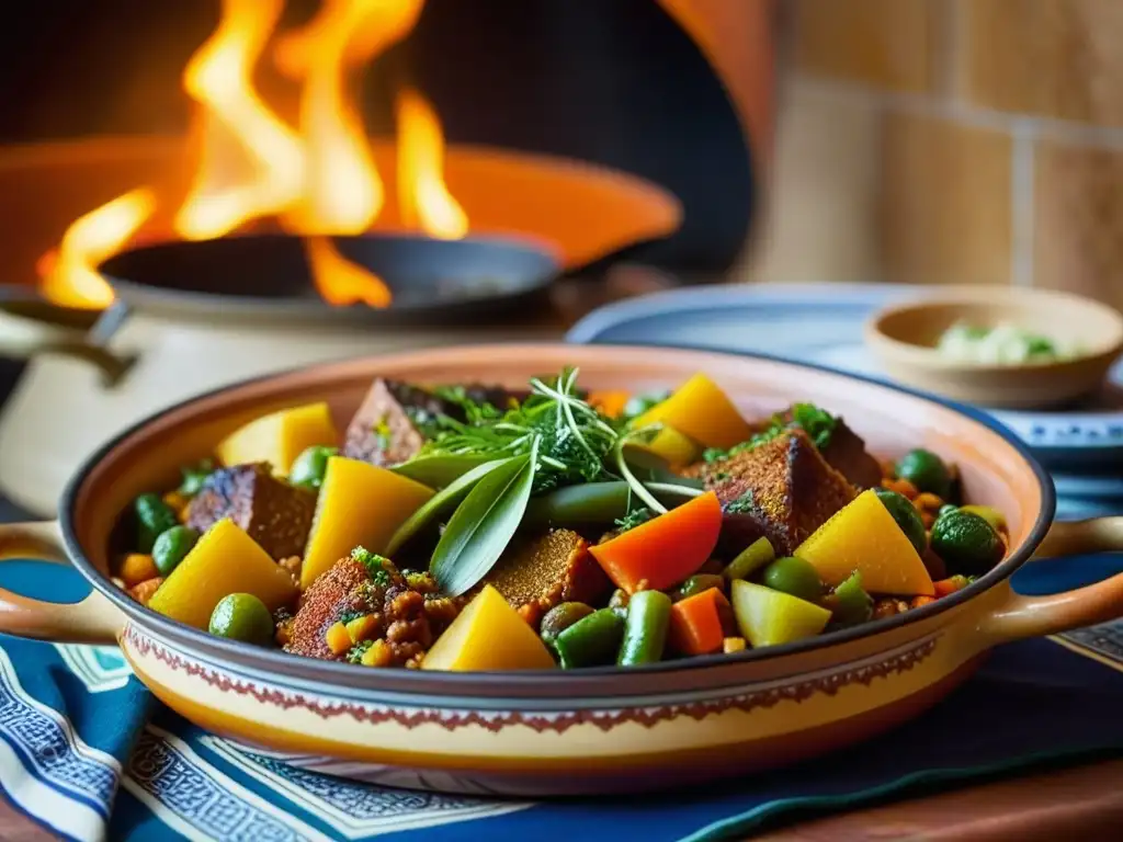 Un tagine marroquí vibrante y detallado en una cocina tradicional, capturando la esencia de la cultura gastronómica de épocas históricas