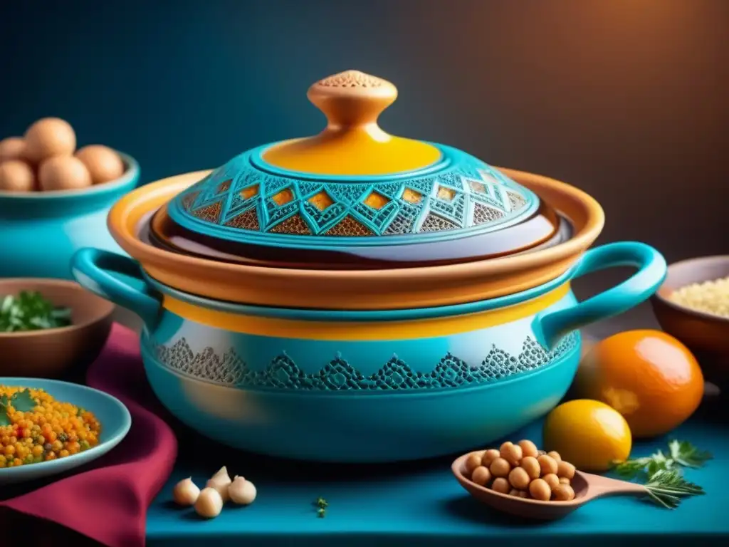 Una tagine marroquí vibrante con ingredientes aromáticos y especias, reflejando la influencia culinaria árabe en África