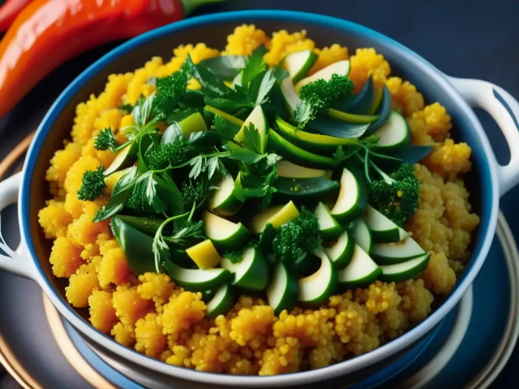 Un tagine rebosante de cuscús dorado rodeado de vegetales coloridos, todo con especias y hierbas aromáticas