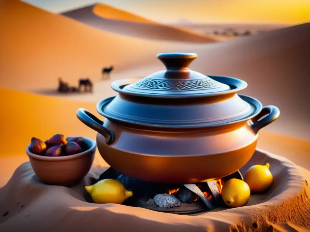 Un tagine tradicional Berber cocinando en el corazón del desierto del Sahara, con una rica estofado de cordero, dátiles y limones en conserva