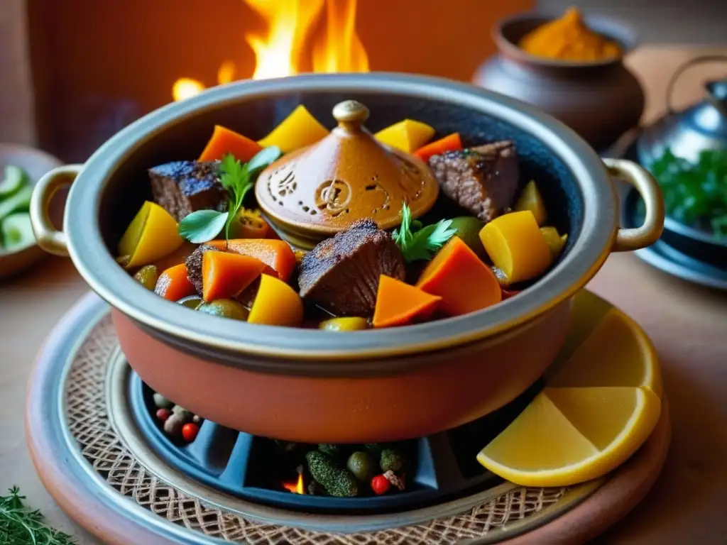 Delicioso tagine marroquí con cordero y especias Un tagine tradicional marroquí con vegetales coloridos, cordero tierno y especias, reflejando recetas tradicionales cocina judía Magreb