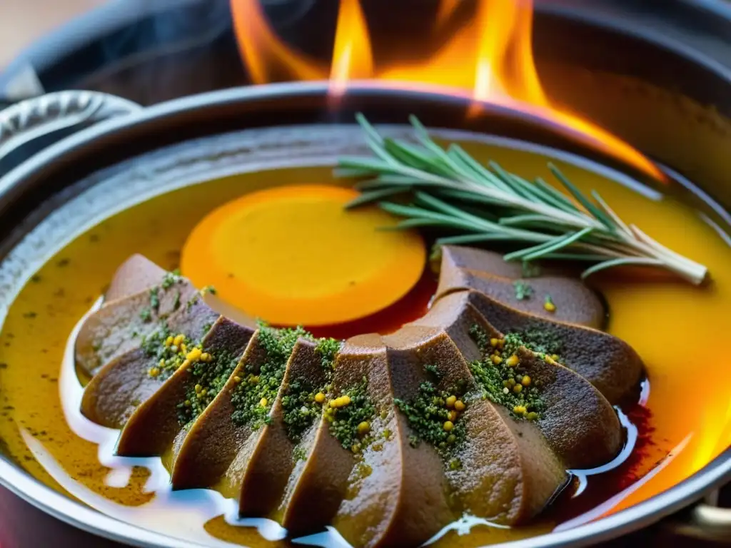 Un tagine vibrante y aromático de herencia árabe, cocinando sobre fuego bajo, fusionando sabores en una olla de barro con patrones geométricos