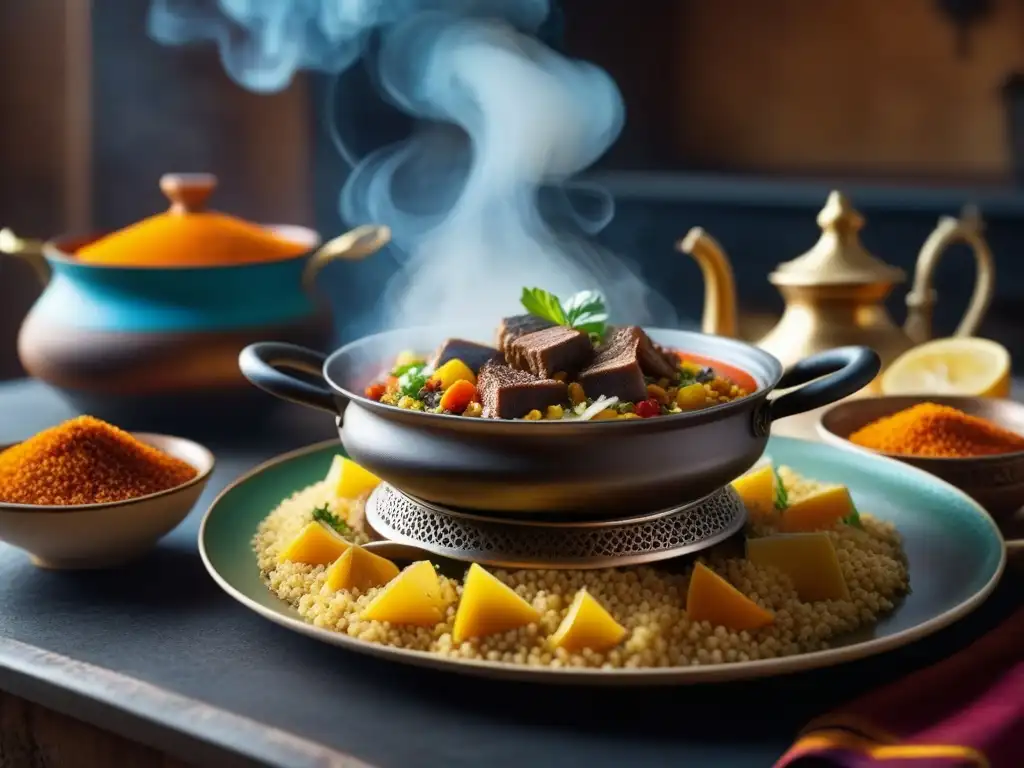 Un tagine vibrante y aromático en fogón norteafricano, con influencia árabe en cocina de África del Norte