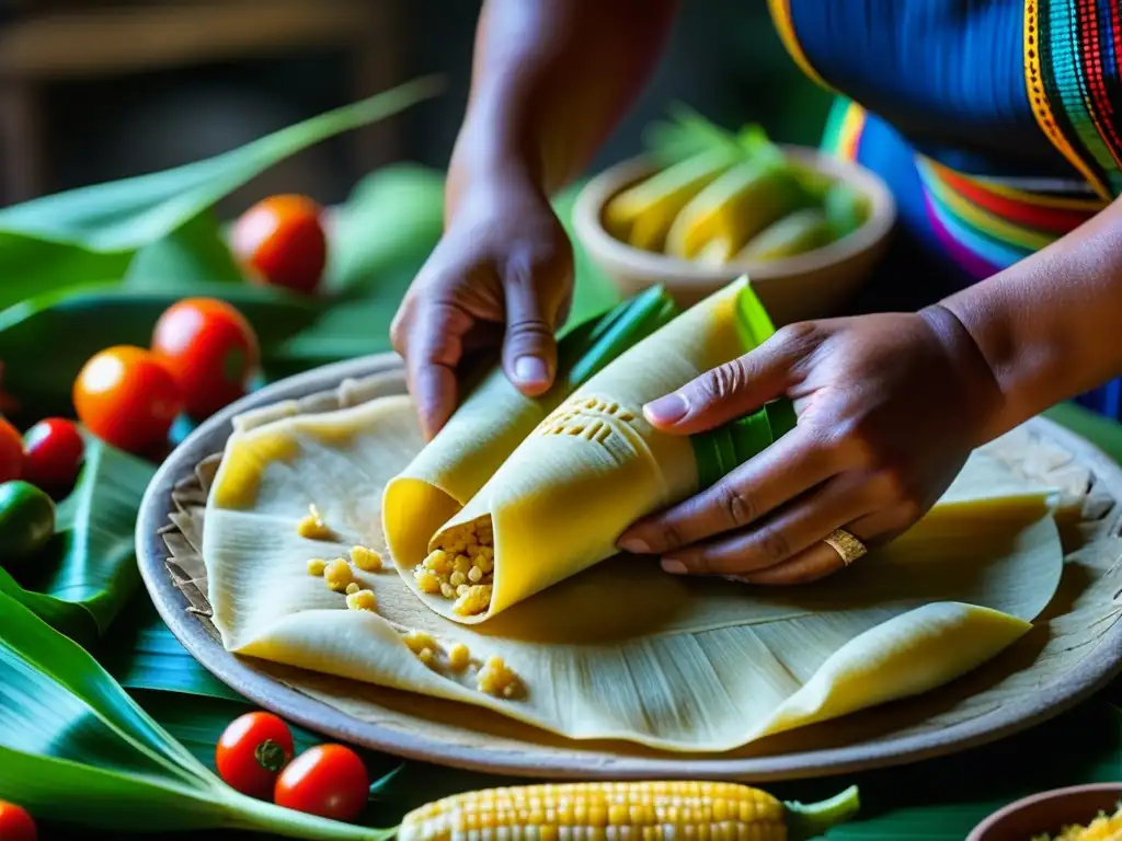 Evolución de los tamales históricos: Detalle de la preparación de tamales prehispánicos con ingredientes coloridos