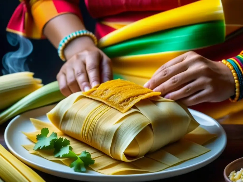 Evolución de los tamales históricos: Detalle de la elaboración de un tradicional tamal mexicano con colores vibrantes y expertas manos