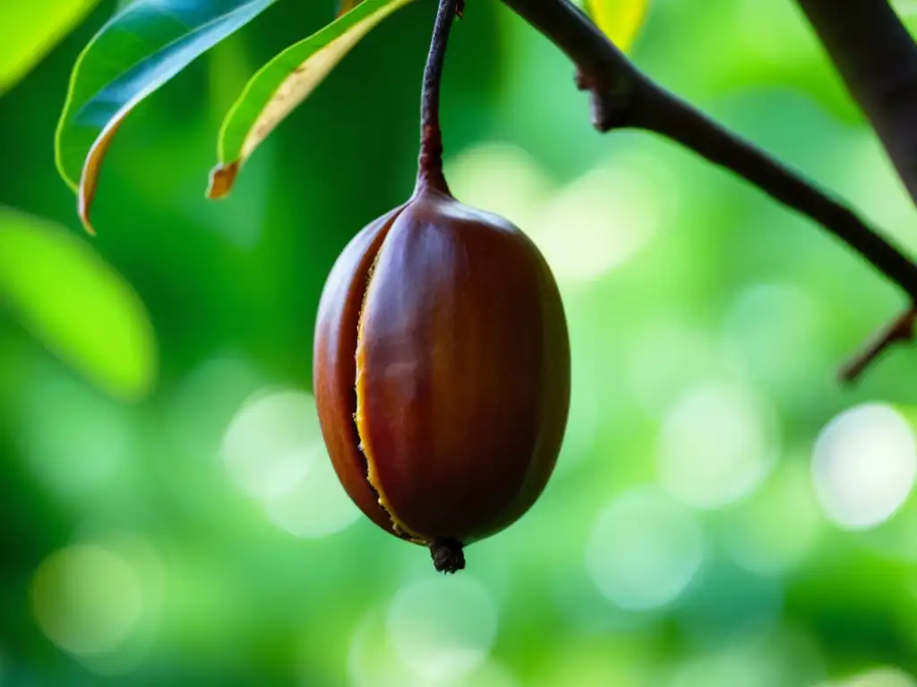 Un tamarindo maduro cuelga de un árbol en un exuberante huerto tropical