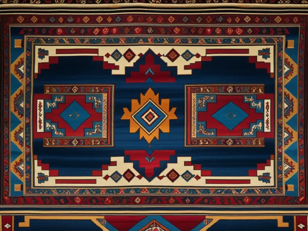 Un tapiz armenio vibrante con patrones intrincados, en rojos, azules y dorados, reflejando la herencia cultural de la Ruta de la Seda en Armenia