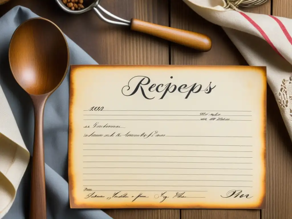 Una tarjeta de receta desgastada con notas manuscritas rodeada de utensilios de cocina vintage