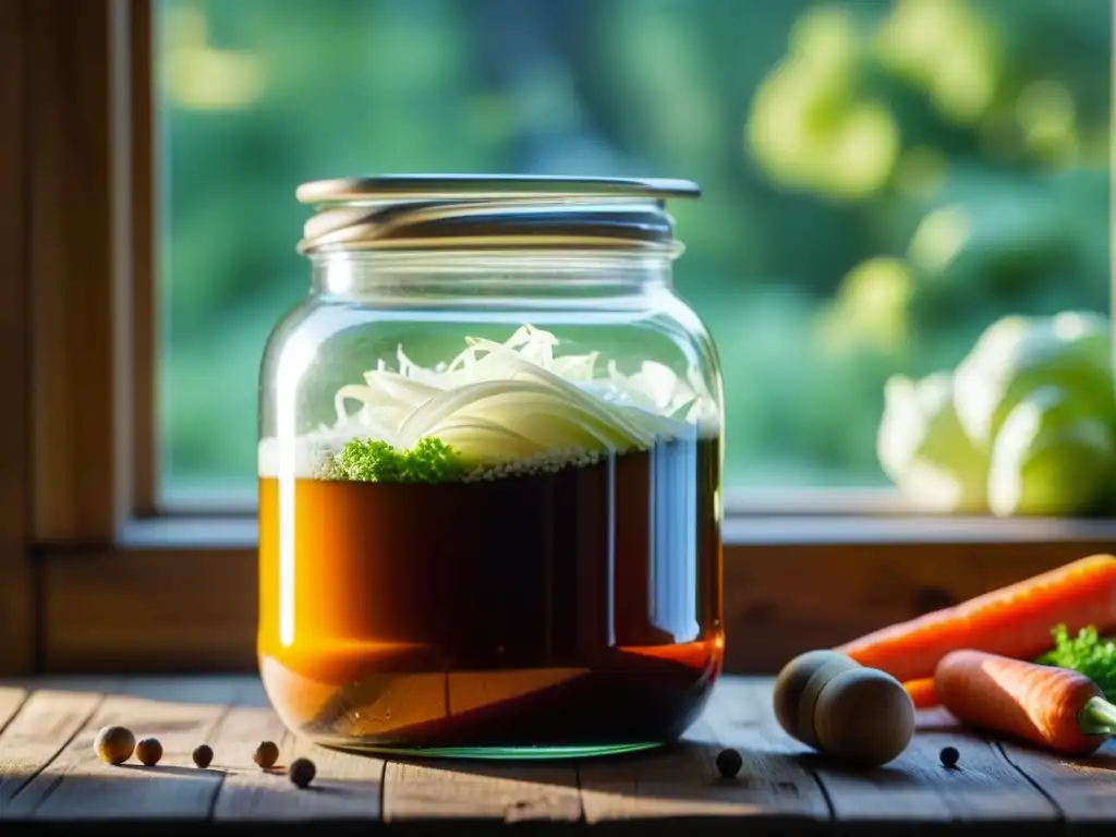 Un tarro burbujeante con fermentación en la cocina antigua