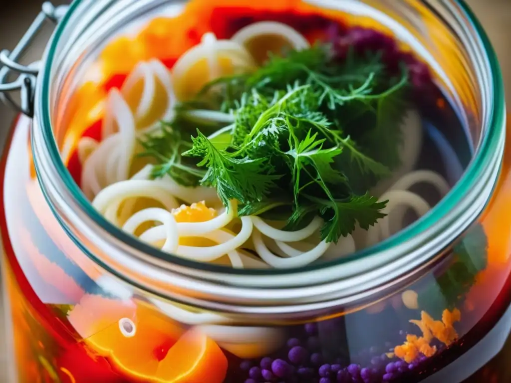 Un tarro burbujeante de kimchi fermentado, mostrando colores y texturas vibrantes durante la fermentación en la cocina antigua