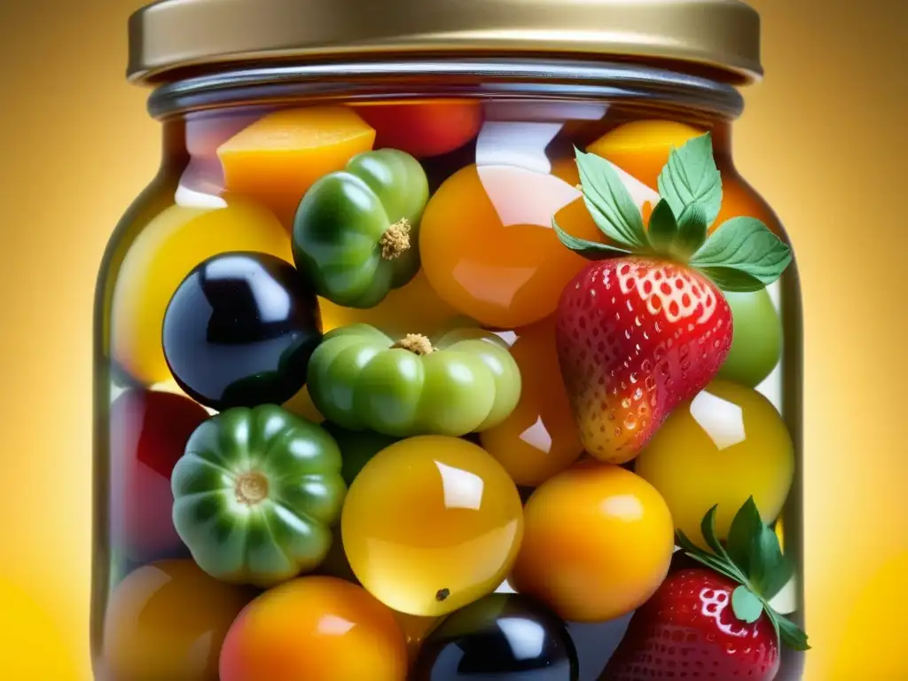 Un tarro de cristal lleno de frutas y verduras coloridas en almíbar dorado, capturando la preservación sin conservantes